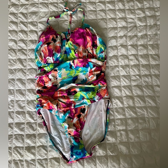 La Blanca Pink and Blue Floral Ruched One Piece Swimsuit with Ruching - Picture 1 of 7